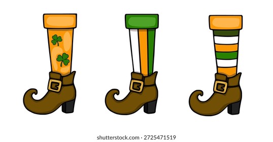 Saint Patrick's Day vector set illustration of leprechaun boots with shamrocks and Irish flag colors