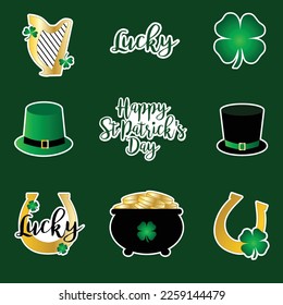 Saint Patricks Day vector stickers gold harp and horseshoes