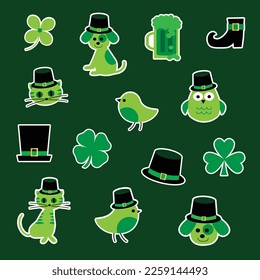 Saint Patricks Day vector stickers with cats dogs and birds