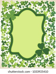Saint Patrick's Day vector vintage frame with small green trefoil clover shamrock leaves. Irish festival celebration greeting card design background. Nature floral spring backdrop.