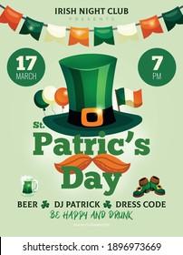 Saint patricks day vertical announcement poster with images of decorations leprechauns hat moustache and editable text vector illustration