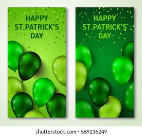 Saint Patrick's Day Vertical Banners Set with Green Shiny Balloons and Confetti. Vector illustration. Party Invitation Concept in Traditional Colors with Place for Text.