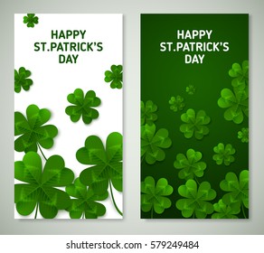 Saint Patrick's Day Vertical Banners with Green Four and Tree Leaf Clovers on White Background. Vector illustration.