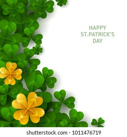 Saint Patrick's Day Vertical Border with Green and Gold, Four and Tree Leaf Clovers on White Background. Vector illustration. Party Invitation Design, Place for text. Lucky and success symbols