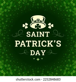 Saint Patrick's Day vintage greeting card leprechaun hat clover typographic template vector illustration. Lucky shamrock curved retro ornate fortune green leaf floral background decorative design