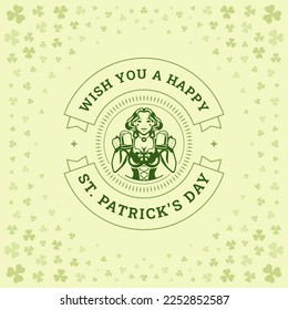 Saint Patrick's Day vintage greeting card Irish woman costume beer mug typography template vector illustration. Celtic culture traditional holiday pub par alcohol drink green clover leaf background
