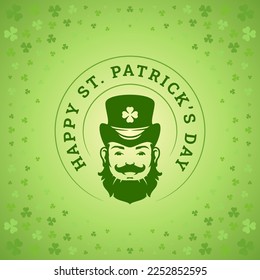 Saint Patrick's Day vintage greeting card bearded leprechaun portrait typographic template vector illustration. Celtic culture character lucky clover shamrock circle label green leaf floral background