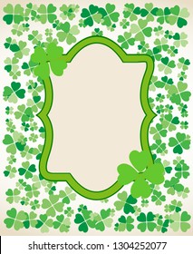 Saint Patrick's Day vintage light vector frame with small green four-leaf clover shamrock leaves. Irish festival celebration greeting card design background. Nature floral spring backdrop.
