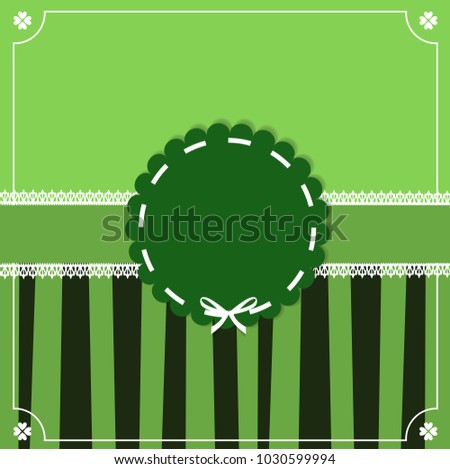 Saint Patrick's Day vintage template with shamrocks lace, round wavy stamp with white ribbon on green striped background. Vector illustration, border, frame for greeting card, invitation, adverising.
