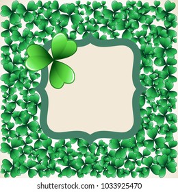 Saint Patrick's Day vintage vector frame with green clover shamrock leaves. Irish festival celebration greeting card design background. Nature floral spring backdrop.