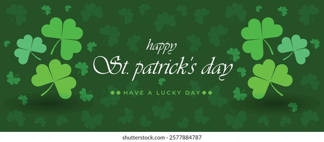 Saint Patrick's Day Web Banner with Green Shamrock Leaf Pattern Background. Happy St. Patrick Day Irish Traditional Holiday Banner for Greeting Card, Poster, Flyer, and Social Media Isolated