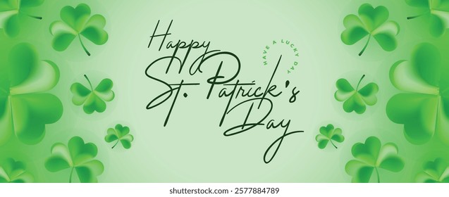 Saint Patrick's Day Web Banner with Green Shamrock Leaf Pattern Background. Happy St. Patrick Day Irish Traditional Holiday Banner for Greeting Card, Poster, Flyer, and Social Media Isolated