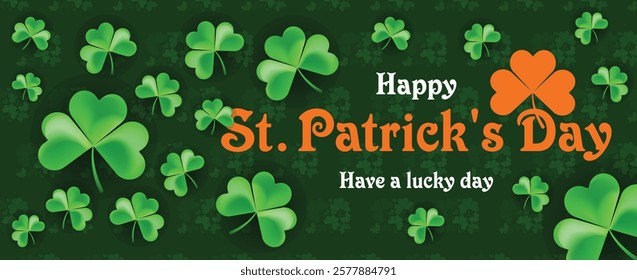 Saint Patrick's Day Web Banner with Green Shamrock Leaf Pattern Background. Happy St. Patrick Day Irish Traditional Holiday Banner for Greeting Card, Poster, Flyer, and Social Media Isolated