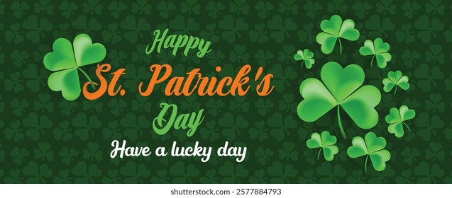 Saint Patrick's Day Web Banner with Green Shamrock Leaf Pattern Background. Happy St. Patrick Day Irish Traditional Holiday Banner for Greeting Card, Poster, Flyer, and Social Media Isolated