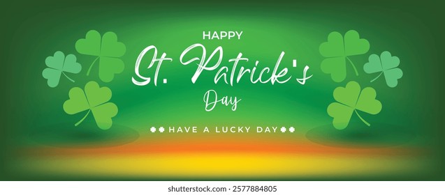 Saint Patrick's Day Web Banner with Green Shamrock Leaf Pattern Background. Happy St. Patrick Day Irish Traditional Holiday Banner for Greeting Card, Poster, Flyer, and Social Media Isolated