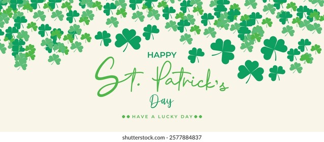 Saint Patrick's Day Web Banner with Green Shamrock Leaf Pattern Background. Happy St. Patrick Day Irish Traditional Holiday Banner for Greeting Card, Poster, Flyer, and Social Media Isolated