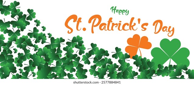 Saint Patrick's Day Web Banner with Green Shamrock Leaf Pattern Background. Happy St. Patrick Day Irish Traditional Holiday Banner for Greeting Card, Poster, Flyer, and Social Media Isolated