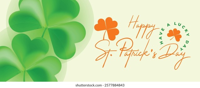 Saint Patrick's Day Web Banner with Green Shamrock Leaf Pattern Background. Happy St. Patrick Day Irish Traditional Holiday Banner for Greeting Card, Poster, Flyer, and Social Media Isolated