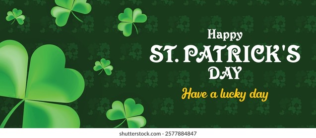 Saint Patrick's Day Web Banner with Green Shamrock Leaf Pattern Background. Happy St. Patrick Day Irish Traditional Holiday Banner for Greeting Card, Poster, Flyer, and Social Media Isolated