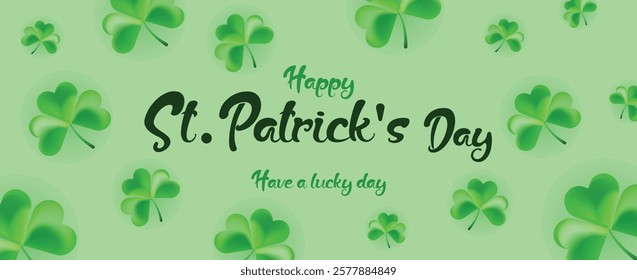 Saint Patrick's Day Web Banner with Green Shamrock Leaf Pattern Background. Happy St. Patrick Day Irish Traditional Holiday Banner for Greeting Card, Poster, Flyer, and Social Media Isolated