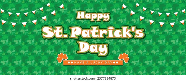 Saint Patrick's Day Web Banner with Green Shamrock Leaf Pattern Background. Happy St. Patrick Day Irish Traditional Holiday Banner for Greeting Card, Poster, Flyer, and Social Media Isolated