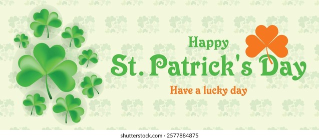 Saint Patrick's Day Web Banner with Green Shamrock Leaf Pattern Background. Happy St. Patrick Day Irish Traditional Holiday Banner for Greeting Card, Poster, Flyer, and Social Media Isolated