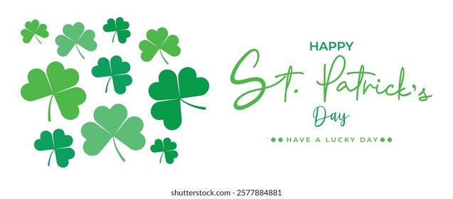 Saint Patrick's Day Web Banner with Green Shamrock Leaf Pattern Background. Happy St. Patrick Day Irish Traditional Holiday Banner for Greeting Card, Poster, Flyer, and Social Media Isolated