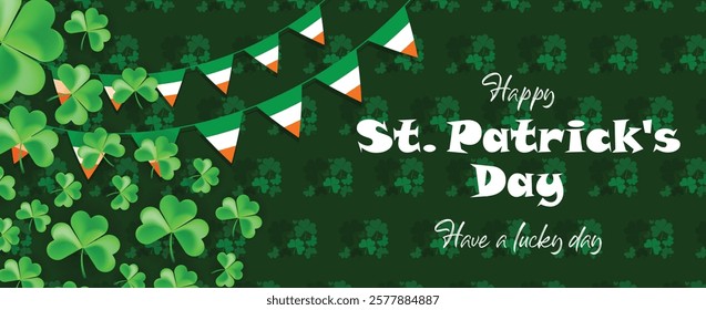 Saint Patrick's Day Web Banner with Green Shamrock Leaf Pattern Background. Happy St. Patrick Day Irish Traditional Holiday Banner for Greeting Card, Poster, Flyer, and Social Media Isolated