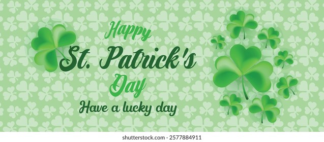 Saint Patrick's Day Web Banner with Green Shamrock Leaf Pattern Background. Happy St. Patrick Day Irish Traditional Holiday Banner for Greeting Card, Poster, Flyer, and Social Media Isolated