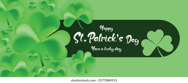 Saint Patrick's Day Web Banner with Green Shamrock Leaf Pattern Background. Happy St. Patrick Day Irish Traditional Holiday Banner for Greeting Card, Poster, Flyer, and Social Media Isolated