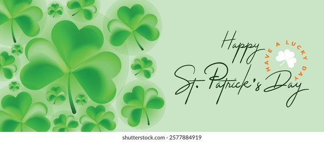 Saint Patrick's Day Web Banner with Green Shamrock Leaf Pattern Background. Happy St. Patrick Day Irish Traditional Holiday Banner for Greeting Card, Poster, Flyer, and Social Media Isolated