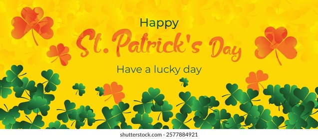 Saint Patrick's Day Web Banner with Green Shamrock Leaf Pattern Background. Happy St. Patrick Day Irish Traditional Holiday Banner for Greeting Card, Poster, Flyer, and Social Media Isolated