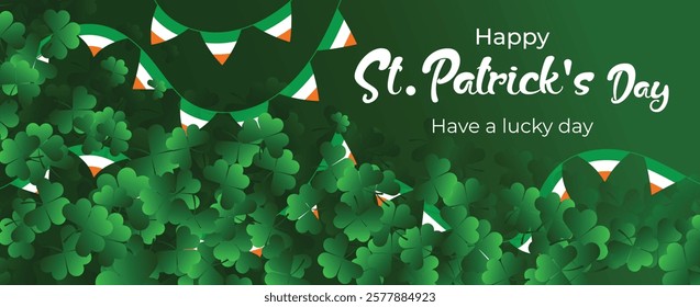 Saint Patrick's Day Web Banner with Green Shamrock Leaf Pattern Background. Happy St. Patrick Day Irish Traditional Holiday Banner for Greeting Card, Poster, Flyer, and Social Media Isolated