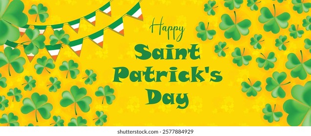 Saint Patrick's Day Web Banner with Green Shamrock Leaf Pattern Background. Happy St. Patrick Day Irish Traditional Holiday Banner for Greeting Card, Poster, Flyer, and Social Media Isolated