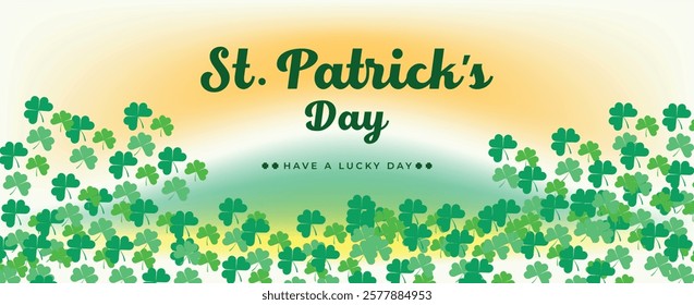 Saint Patrick's Day Web Banner with Green Shamrock Leaf Pattern Background. Happy St. Patrick Day Irish Traditional Holiday Banner for Greeting Card, Poster, Flyer, and Social Media Isolated