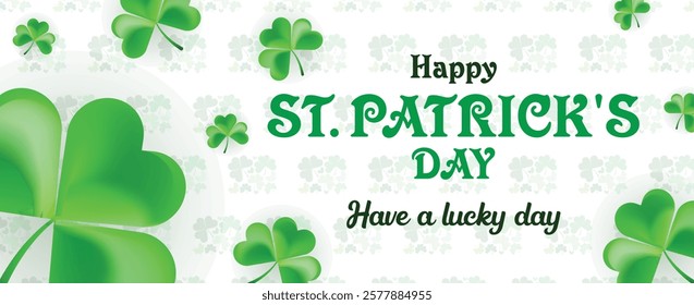 Saint Patrick's Day Web Banner with Green Shamrock Leaf Pattern Background. Happy St. Patrick Day Irish Traditional Holiday Banner for Greeting Card, Poster, Flyer, and Social Media Isolated