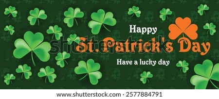Saint Patrick's Day Web Banner with Green Shamrock Leaf Pattern Background. Happy St. Patrick Day Irish Traditional Holiday Banner for Greeting Card, Poster, Flyer, and Social Media Isolated