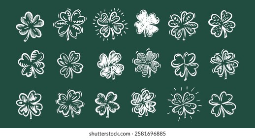 Saint Patricks Day, white clover set on green, hand drawn illustrations.	