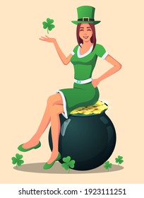 Saint Patrick's Day Woman dressed in Green And Sitting On Gold Pot Vector Illustration