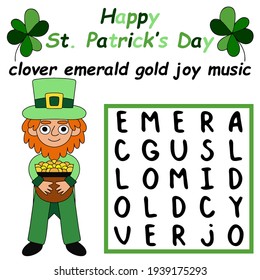 Saint Patrick's Day word search puzzle stock vector illustration. Funny word game with little leprechaun for kids in English. Help leprechaun to find and mark all hidden words. Colorful activity page 