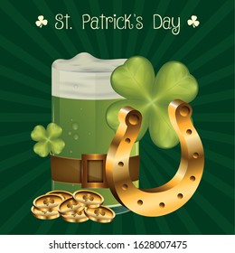 Saint Patricks days card with a green beer mug, clovers, golden coins and golden lucky horseshoe - Vector