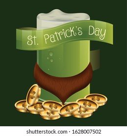 Saint Patricks days card with a green beer mug, beard and golden coins - Vector