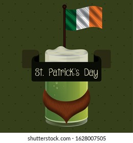 Saint Patricks days card with a green beer mug, beard and flag of Ireland - Vector