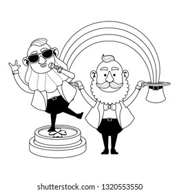 Saint patricks funny elves cartoons in black and white