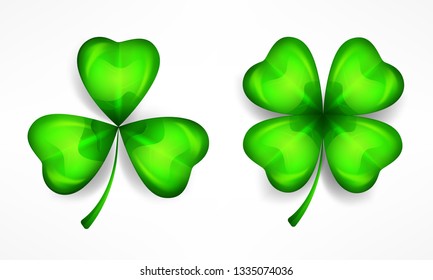 Saint Patricks green clover leaves or shamrock on white. Vector illustration.