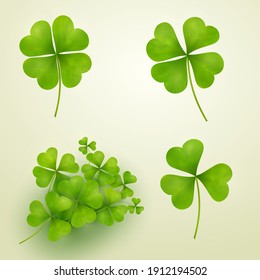 Saint Patricks green set of clover leaves or shamrock on white. Lucky clover leaf realistic for your design. Vector illustration. Isolated on white background.