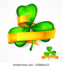 Saint Patricks green three clover leaves or shamrock with ribbon on white. Vector illustration.