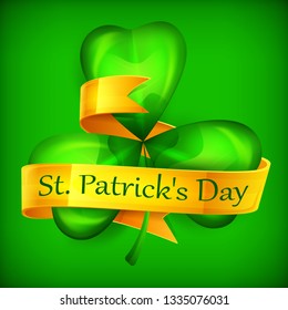Saint Patricks green three clover leaves or shamrock with ribbon on green. Vector illustration.
