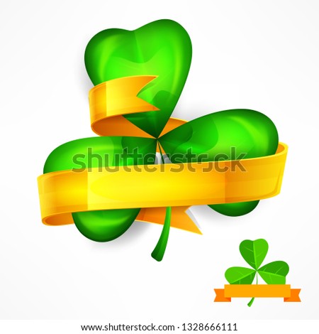 Saint Patricks green three clover leaves or shamrock with ribbon on white. Vector illustration.