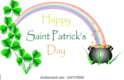 A Saint Patrick's greeting with a rainbow, pot of gold and shamrock.